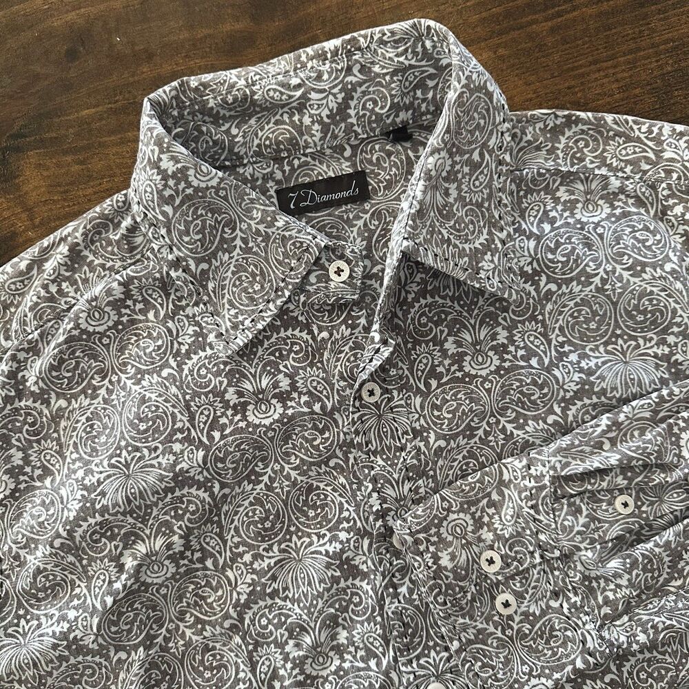 7 Diamonds Shirt Mens Large Brown Paisley Long Sleeve Button Front Cotton Casual